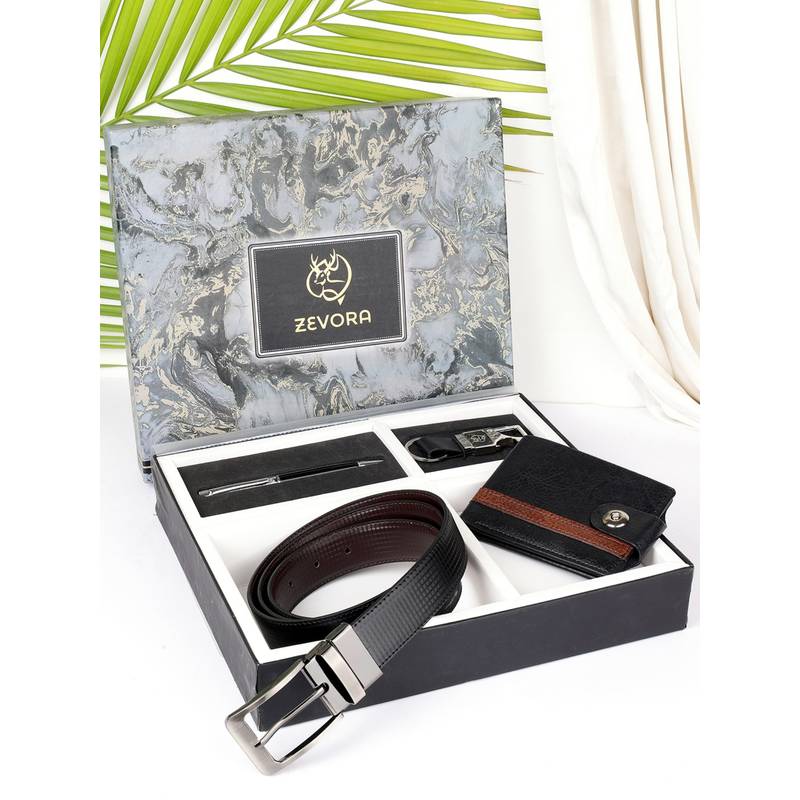 ZEVORA Men Gift Set With Reversible Black Belt With Wallet Pen & Keychain (36)