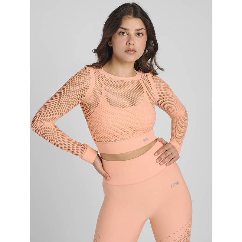 FEIER Peach Aura Mesh Long Sleeve Crop T-Shirt (S)