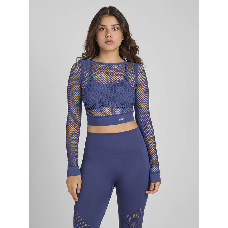 FEIER Navy Blue Aura Mesh Long Sleeve Crop T-Shirt (S)