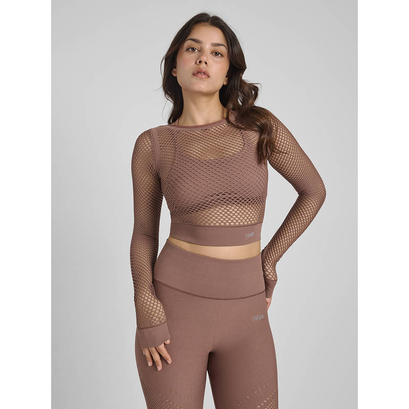 FEIER Brown Aura Mesh Long Sleeve Crop T-Shirt (S)