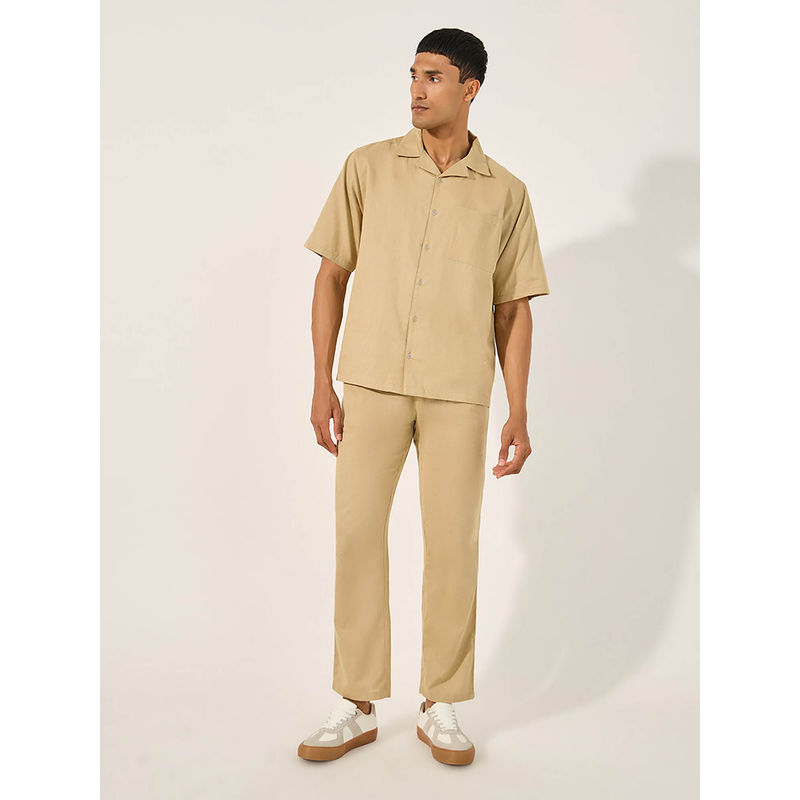 Styli Beige Solid Relaxed Fit Shirt and Trouser (Set of 2) (S)