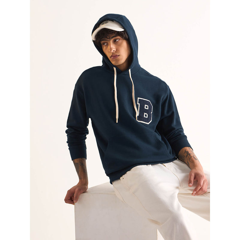 THE BEAR HOUSE Blue Solid Relaxed Fit Hoodie (2XL)