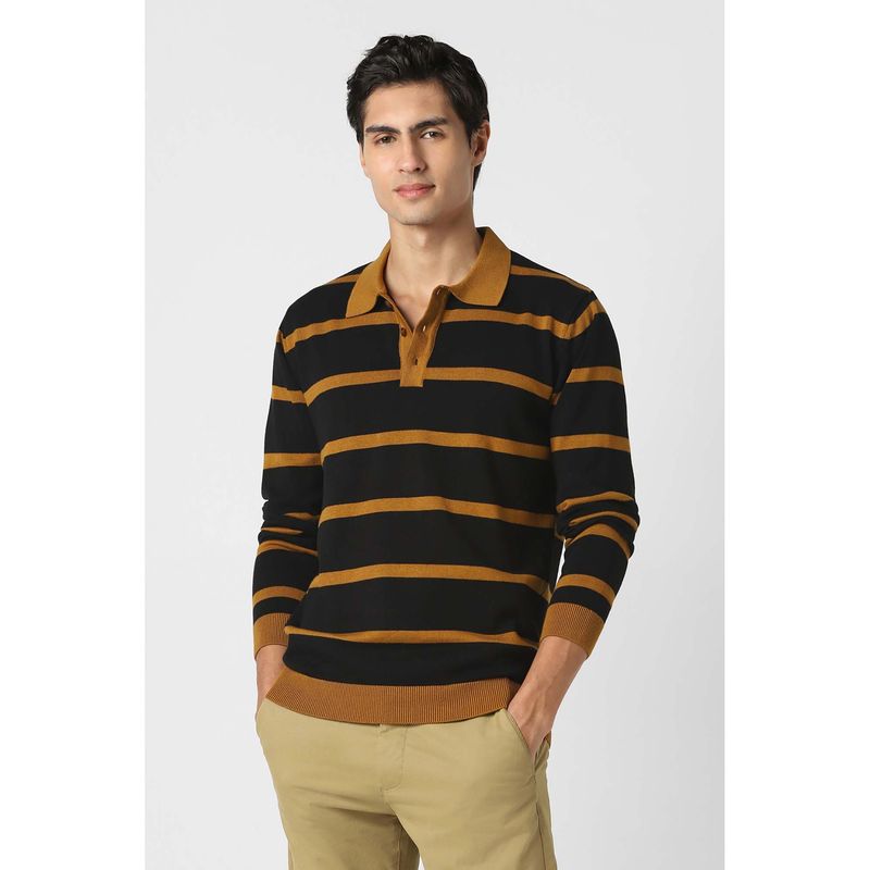 Peter England Men Black Stripe Polo Neck Sweater (M)