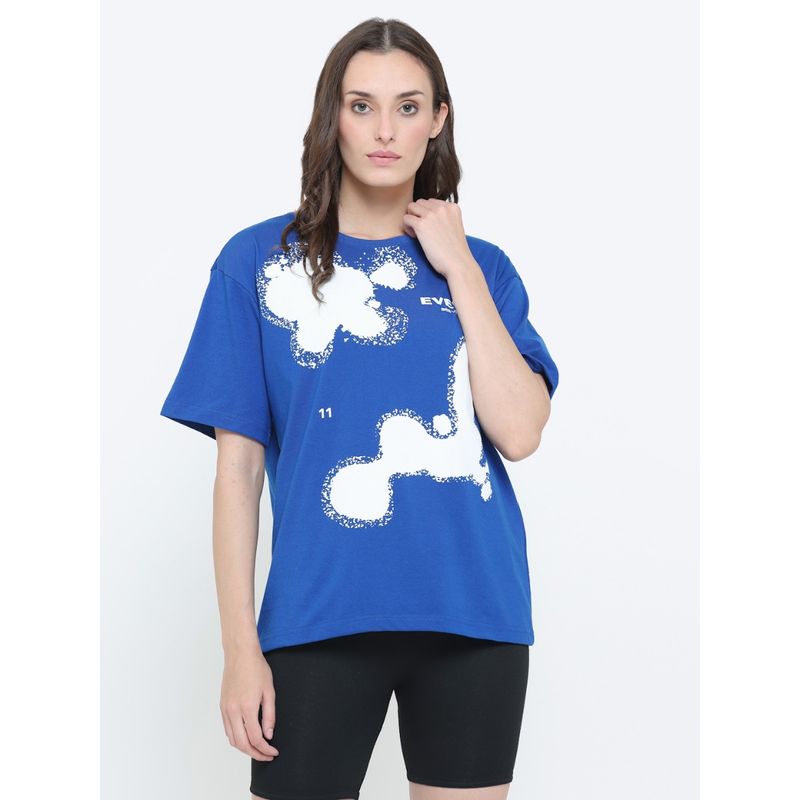 EVERDION Blue Oversized Drop Shoulder paint splashed T-shirt (M)