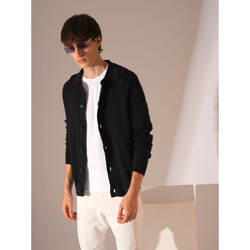 Selected Black Full Sleeves Polo Cardigan Sweater (L)