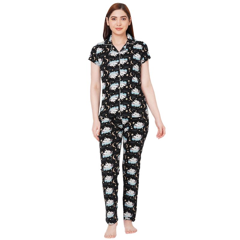 Sweet Dreams Women Printed Collar Neck Short Sleeve Black Cotton Rich Pajama Set (L)
