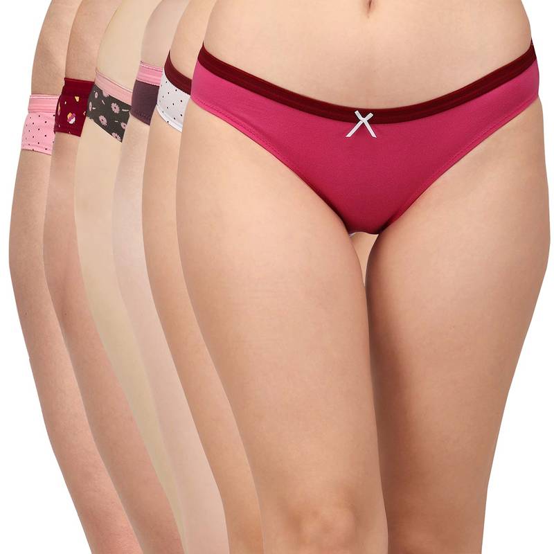 SOIE Women Mid Rise Solid And Printed Cotton Stretch Brief Panty (Pack of 6) (M)
