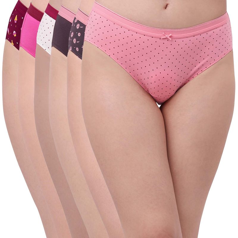 SOIE Women High Rise Solid And Printed Cotton Stretch Hipster Panty (Pack of 6) (L)