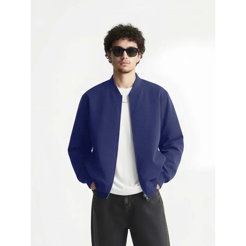 Styli Men Navy Blue Zip Through Relaxed Bomber Jacket (M)