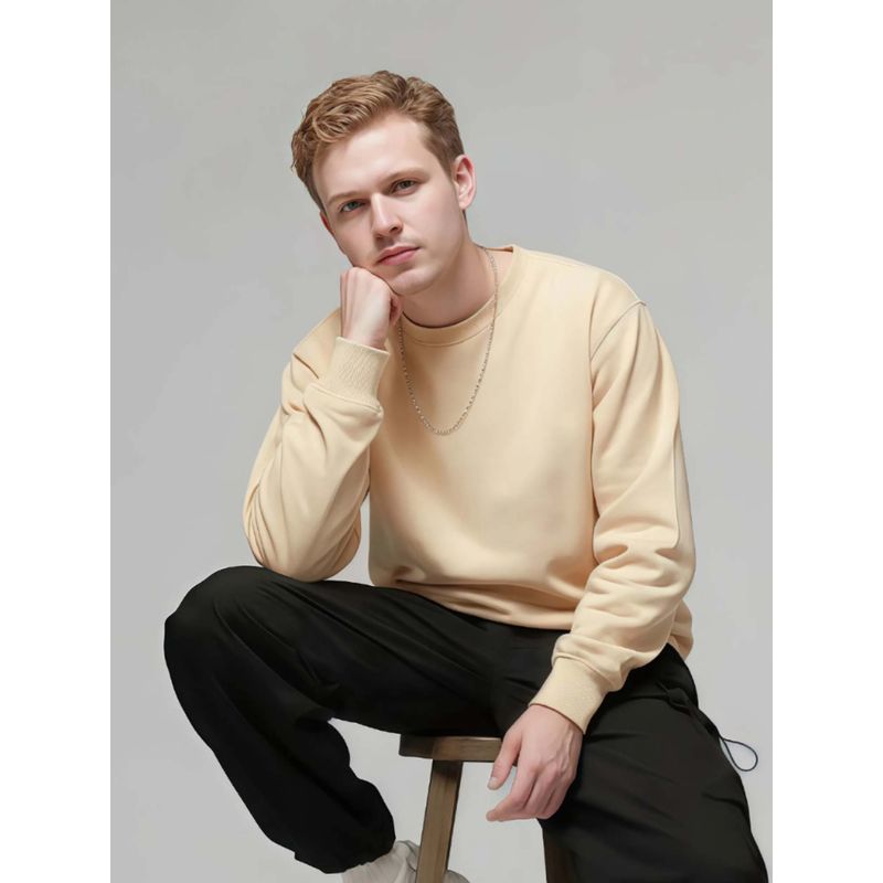 Styli Men Cream Solid Relaxed Fit Cotton Terry Sweatshirt (XL)