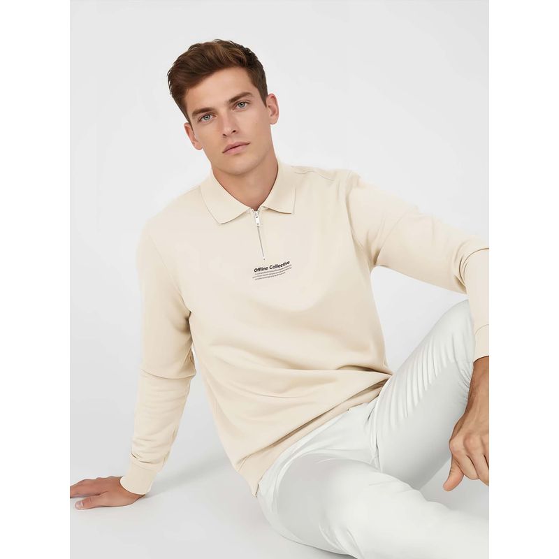 Styli Cream Men Minimal Print High Neck Rib Relaxed Sweatshirt (M)