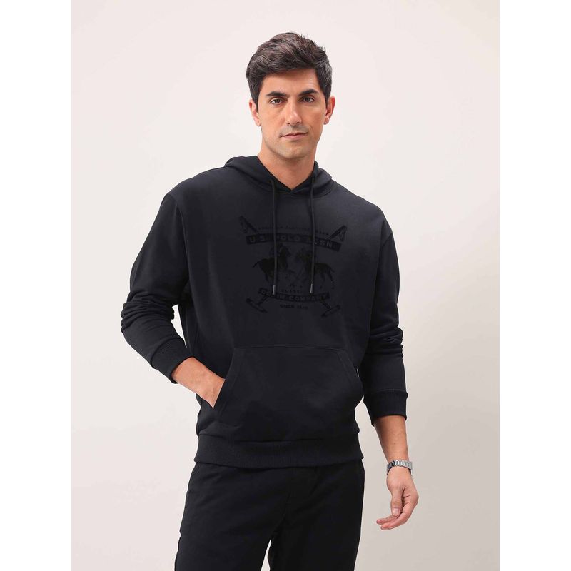 U.S. Polo Assn. Denim Co. Printed Black Full Sleeves Hooded Sweatshirt (S)