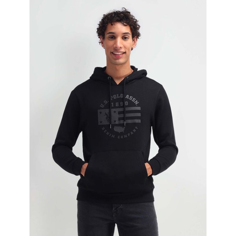 U.S. Polo Assn. Denim Co. Graphic Black Full Sleeves Hooded Sweatshirt (L)