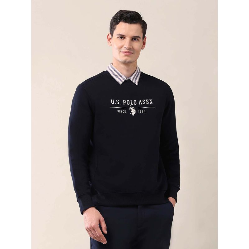 U.S. POLO ASSN. Printed Blue Full Sleeves Round Neck Sweatshirt (S)