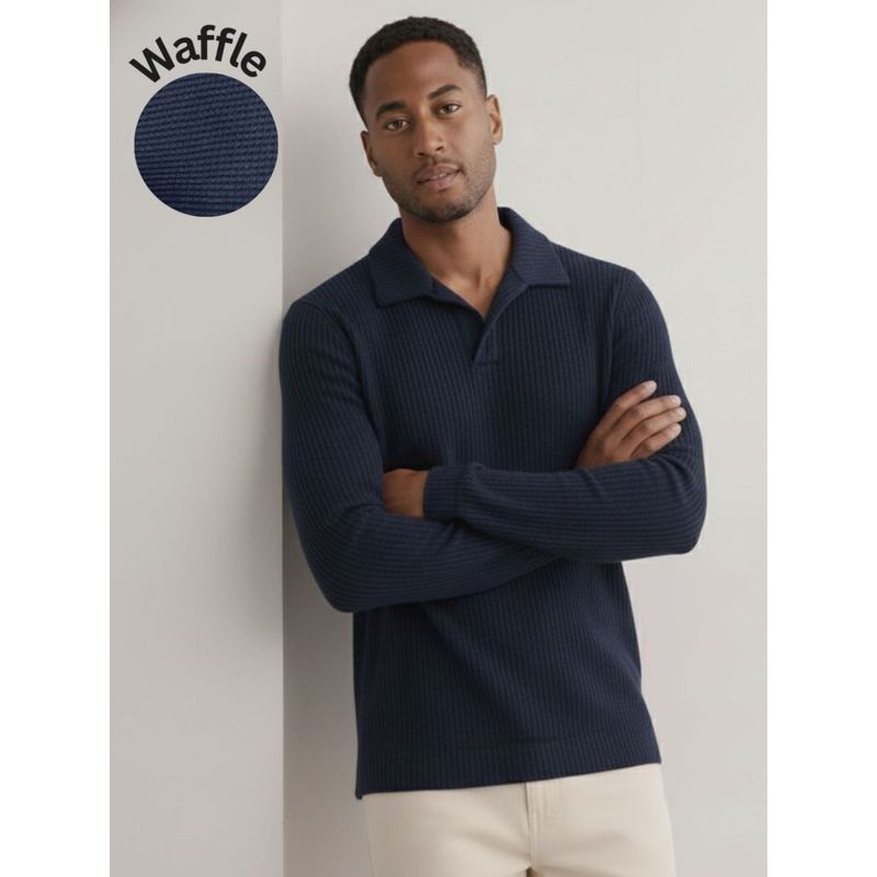 RIGO Navy Blue Polyester Full Sleeves Polo T-Shirt (M)