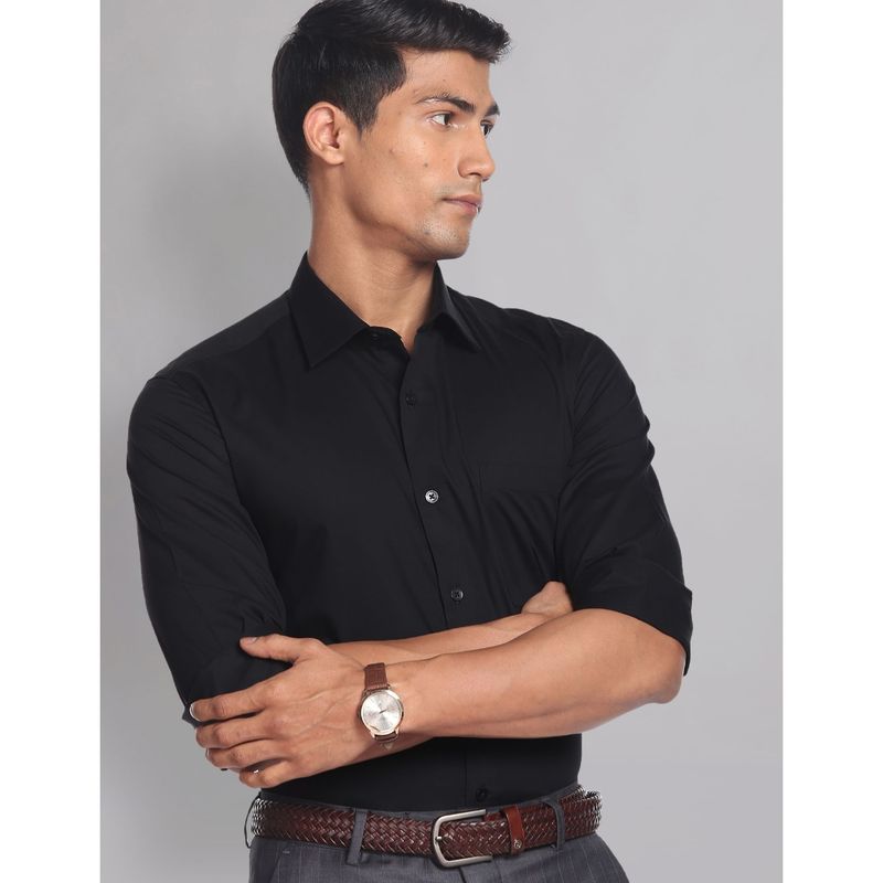 AD By Arvind Regular Fit Solid Twill Formal Shirt Black (40)