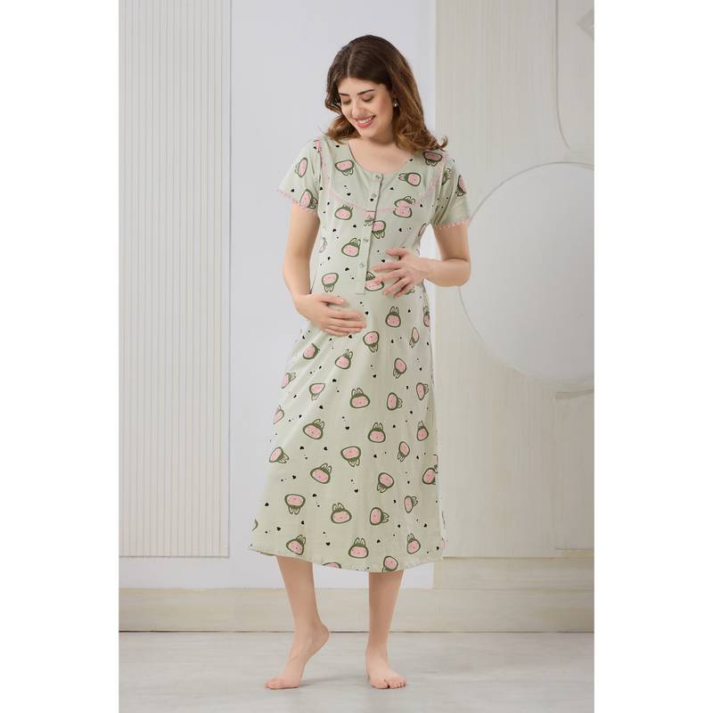PIU Women's Green Knitted Cotton Maternity Nighty (XL)