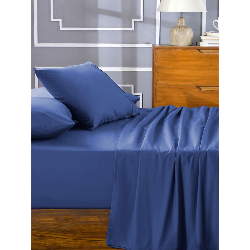 Maspar Blue 100% Cotton Solid Bedsheet with 2 Pillow Covers (King)