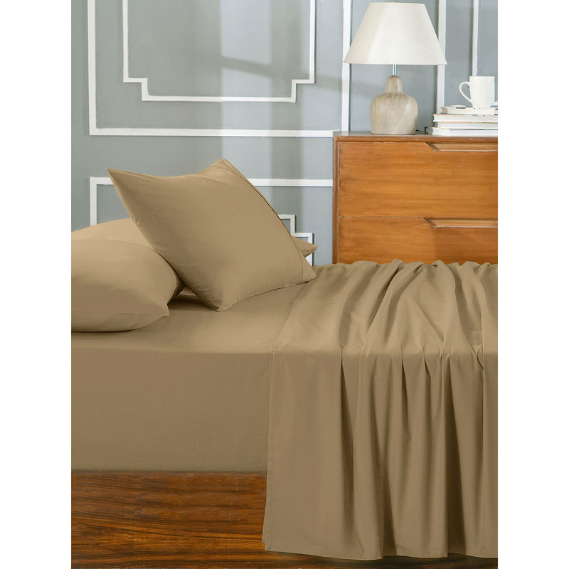 Maspar Beige 100% Cotton Solid Bedsheet with 2 Pillow Covers (Double)