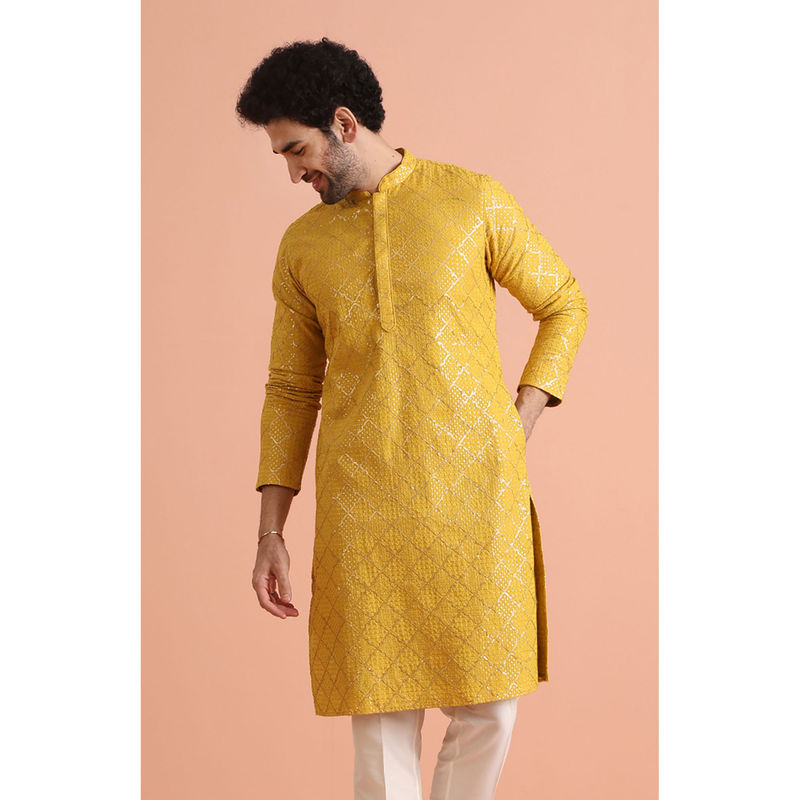 KISAH Mens Yellow Embroidered Kurta (38)
