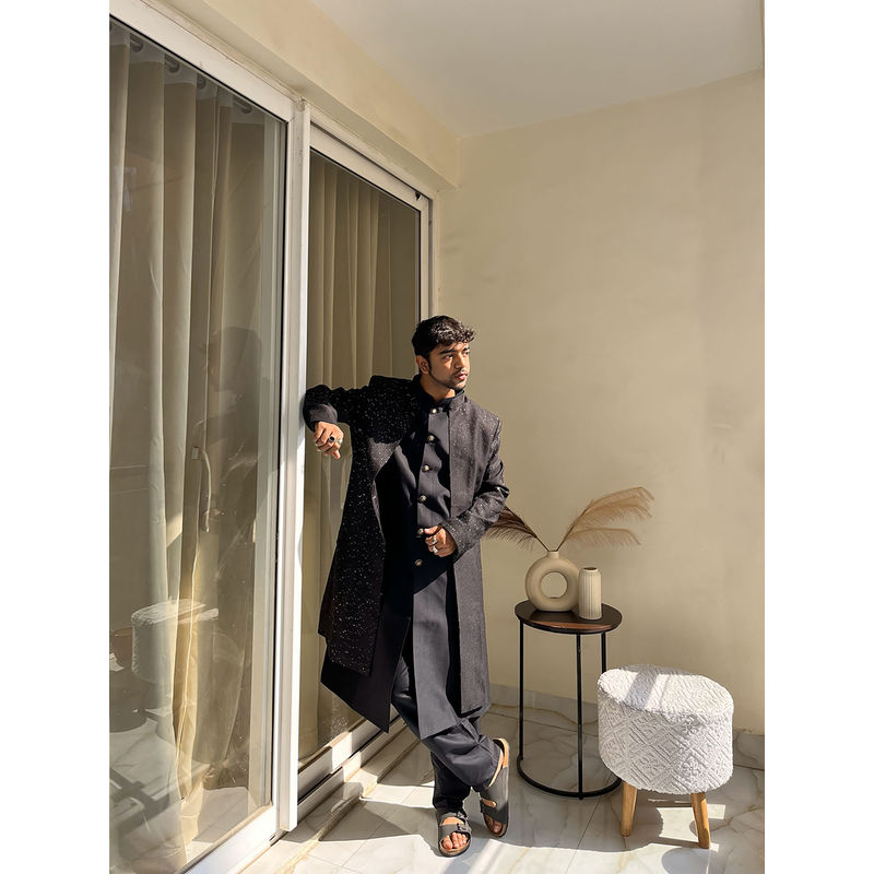 KISAH Mens Black Embellished Long Jacket Indowestern Sherwani & Trouser (Set of 3) (40)