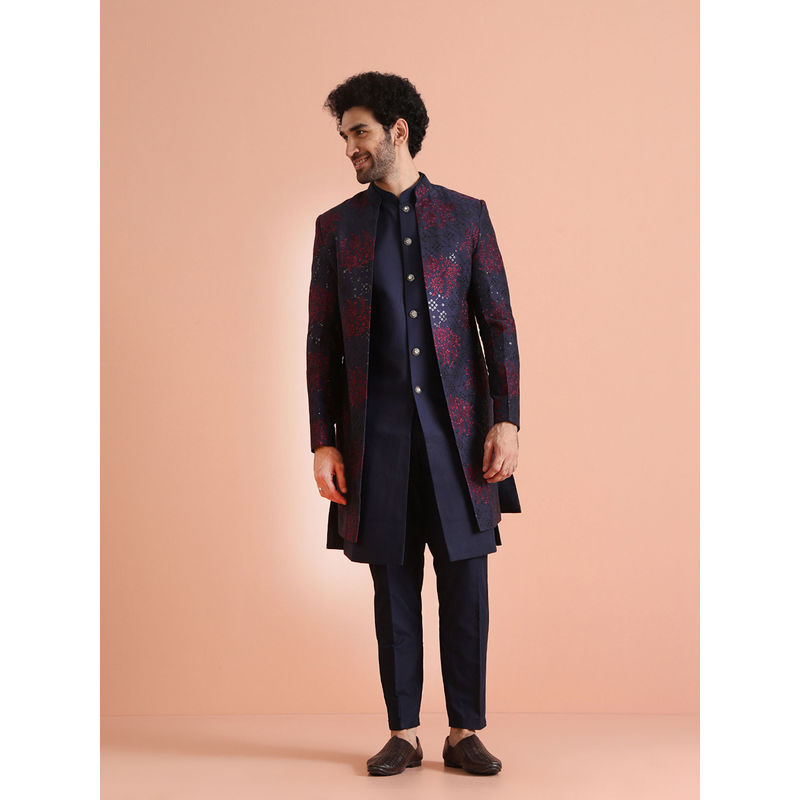 KISAH Mens Navy Blue Long Jacket Indowestern Sherwani & Trouser (Set of 3) (40)