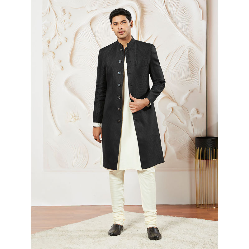 Vastramay Mens Silk Blend Jacquard Sherwani with Viscose Kurta with Pyjama (Set of 3) (M)