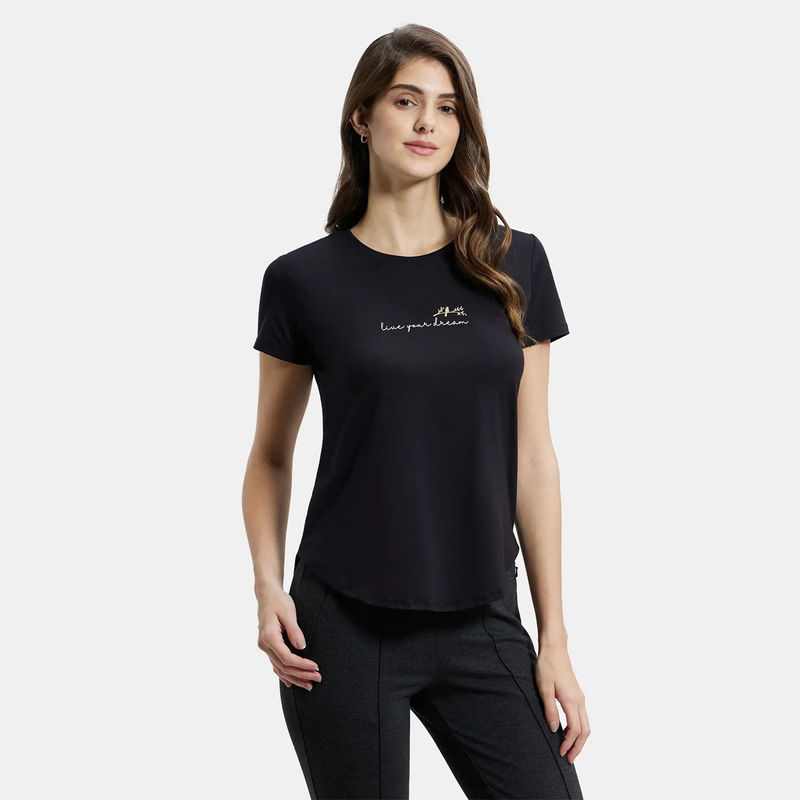 Jockey IW31 Women Micro Modal Fiber Solid Round Neck Half Sleeves T-Shirt - Black (M)