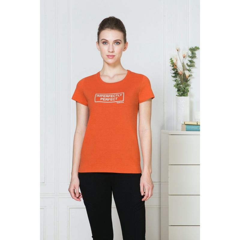 Van Heusen Woman Lingerie and Athleisure Orange Printed Round Neck T-Shirt (S)