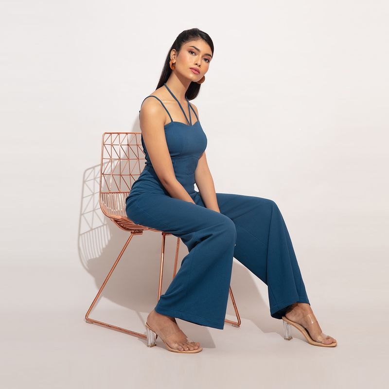 Twenty Dresses by Nykaa Fashion Blue Solid Wide Leg Strappy Jumpsuit (XS)