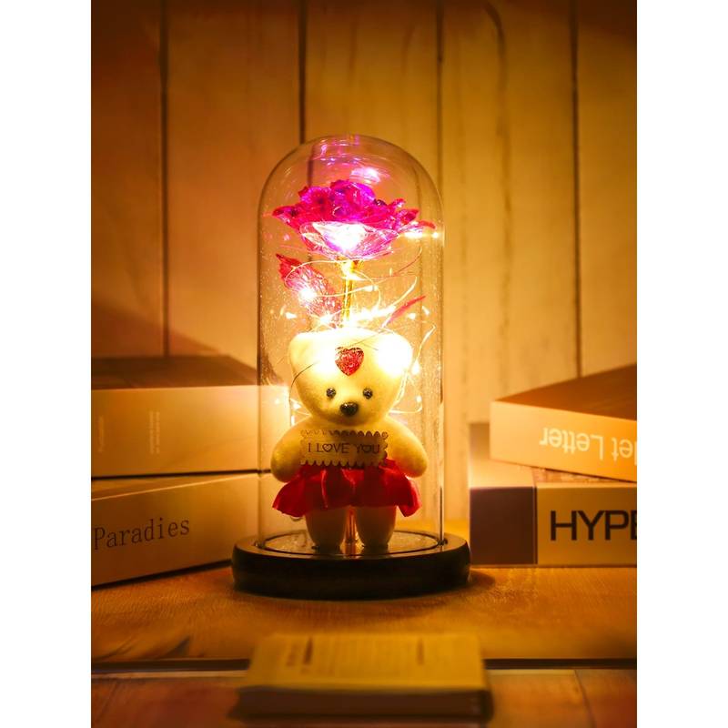 Buy Gleevers Pink Rose with Teddy Bear & LED Light in A Borosilicate ...