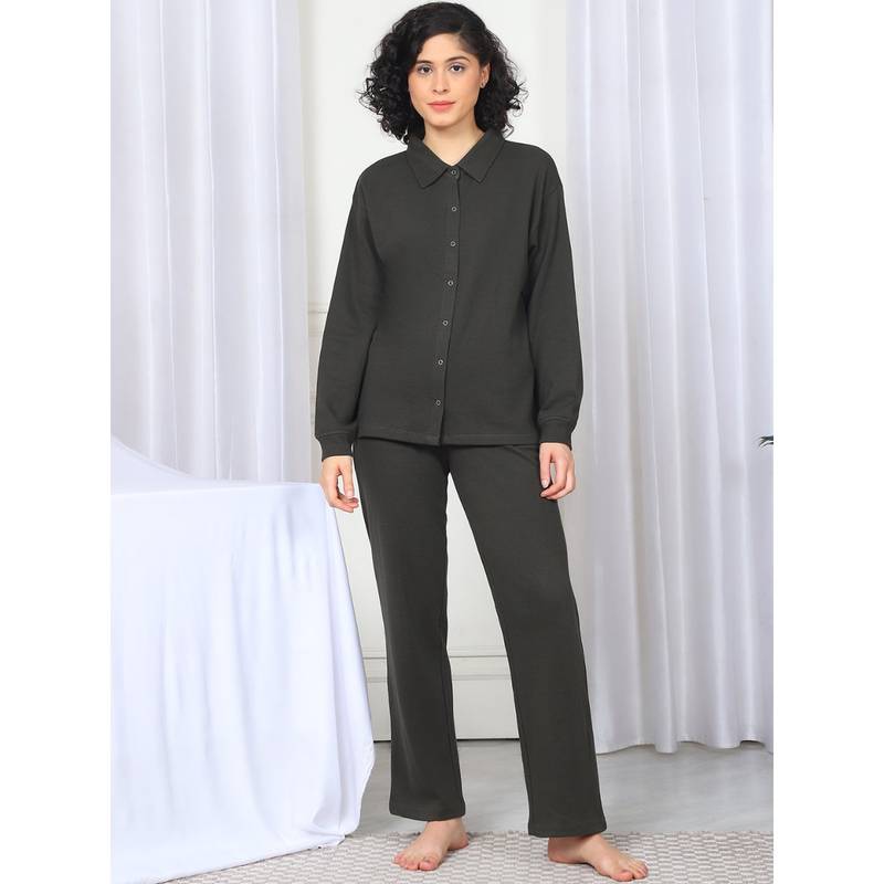 Kanvin Women Winter Textured Olive Shirt with Pajama (Set of 2) (XL)