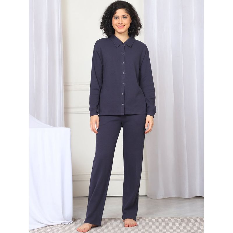 Kanvin Women Winter Textured Grey Shirt with Pajama (Set of 2) (M)