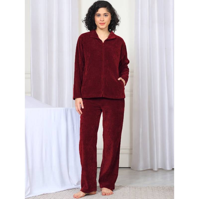 Kanvin Women Winter Textured Maroon Top with Pajama (Set of 2) (XL)