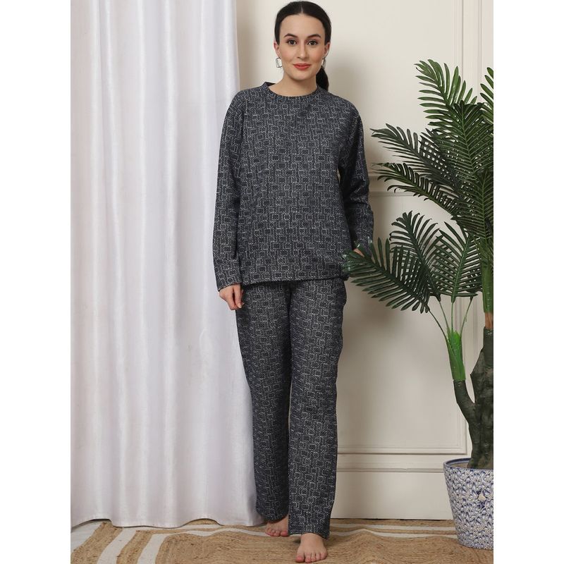 Kanvin Women Winter Printed Navy Blue Top with Pajama (Set of 2) (M)