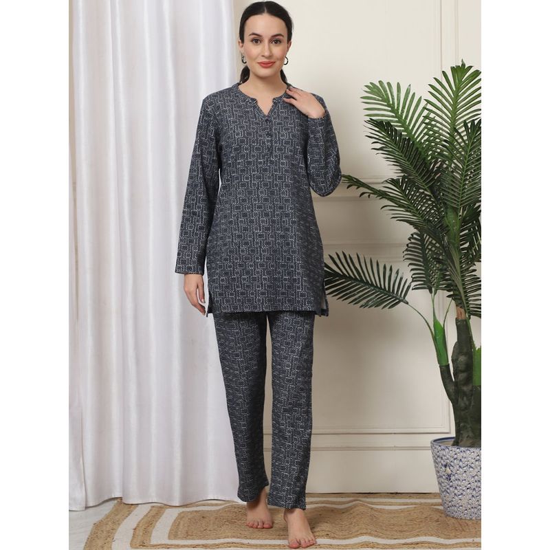 Kanvin Women Winter Printed Navy Blue Kurti with Pajama (Set of 2) (XL)