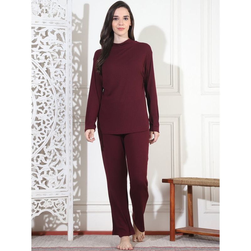 Kanvin Women Winter Stripes Maroon Top with Pajama (Set of 2) (L)