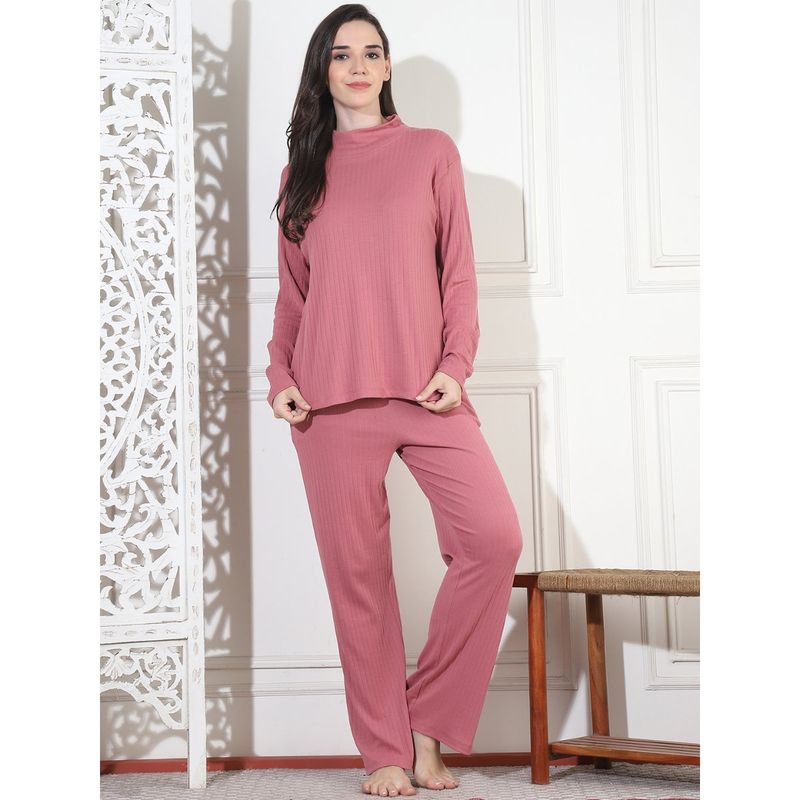 Kanvin Women Winter Stripes Pink Top with Pajama (Set of 2) (M)