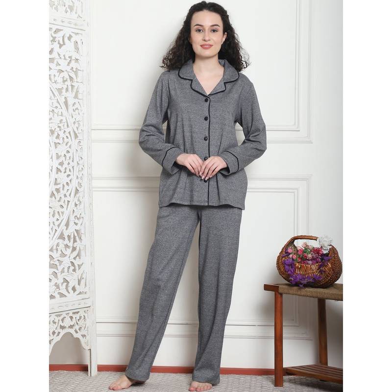 Kanvin Women Winter Textured Black Shirt with Pajama (Set of 2) (M)
