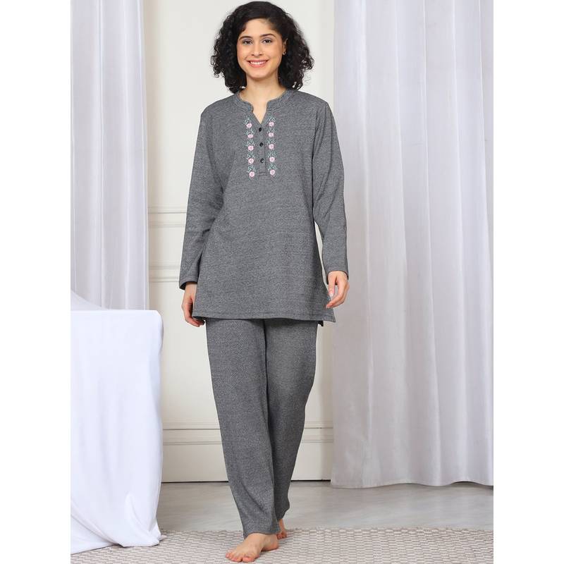 Kanvin Women Winter Embroidered Black Kurti with Pajama (Set of 2) (4XL)