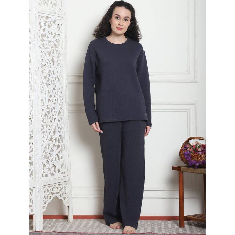 Kanvin Women Winter Textured Blue Top with Pajama (Set of 2) (XL)