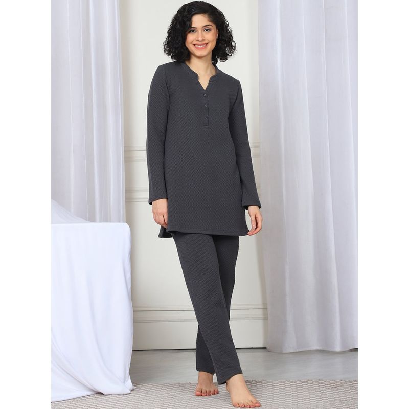 Kanvin Women Winter Textured Charcoal Kurti with Pajama (Set of 2) (5XL)