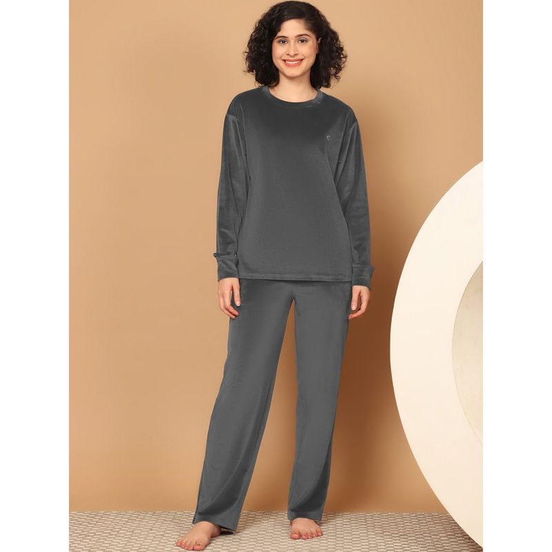 Kanvin Women Winter Solid Charcoal Top with Pajama (Set of 2) (L)