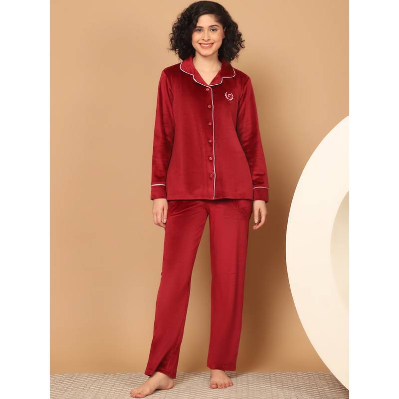 Kanvin Women Winter Solid Red Shirt with Pajama (Set of 2) (M)