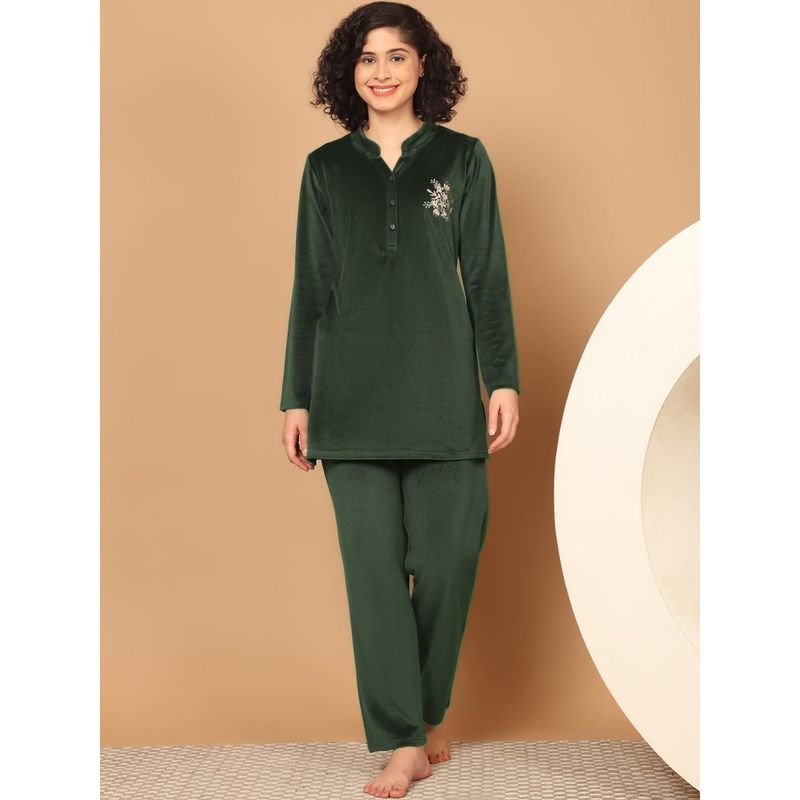 Kanvin Women Winter Solid Green Kurti with Pajama (Set of 2) (XL)