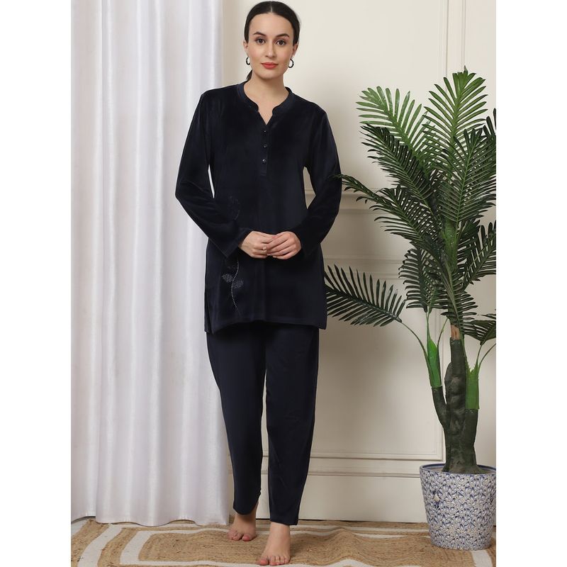 Kanvin Women Winter Solid Navy Blue Kurti with Pajama (Set of 2) (XL)