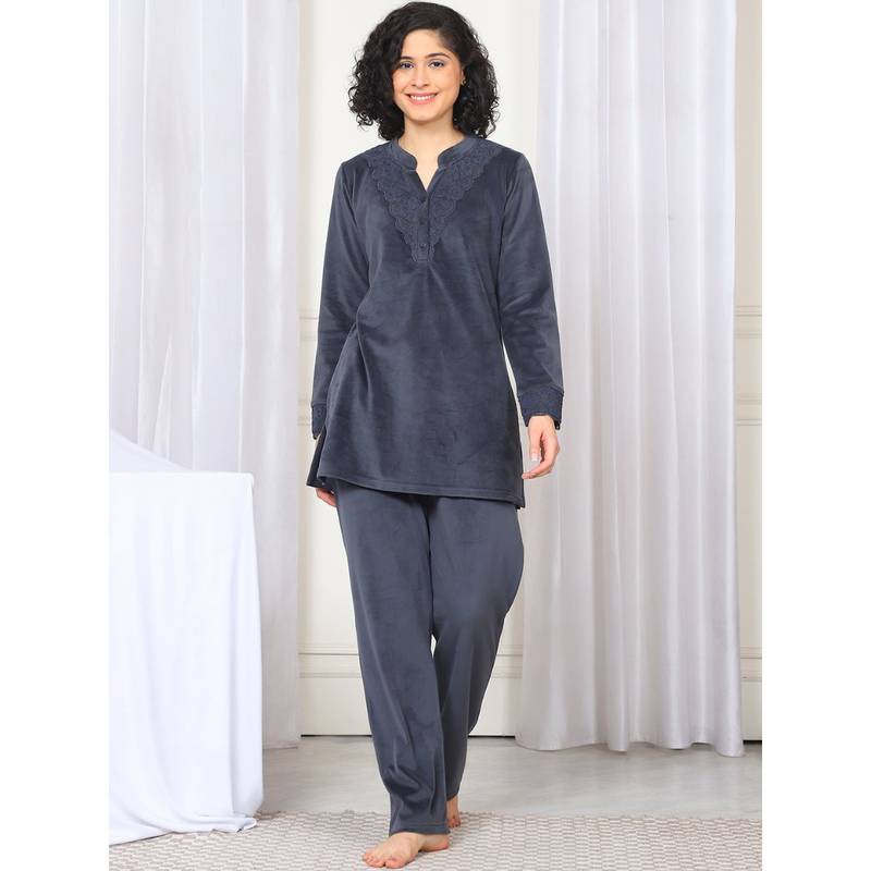 Kanvin Women Winter Solid Charcoal Kurti with Pajama (Set of 2) (M)