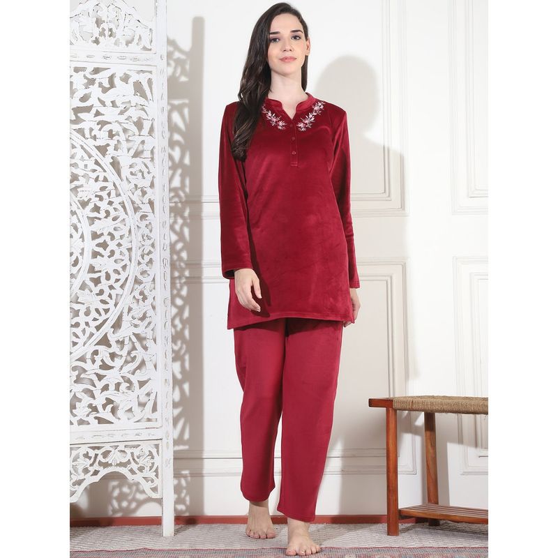 Kanvin Women Winter Embroidered Red Kurti with Pajama (Set of 2) (2XL)