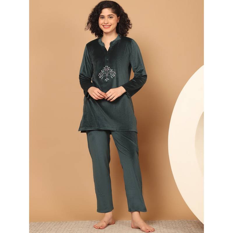 Kanvin Women Winter Stripes Teal Kurti with Pajama (Set of 2) (XL)
