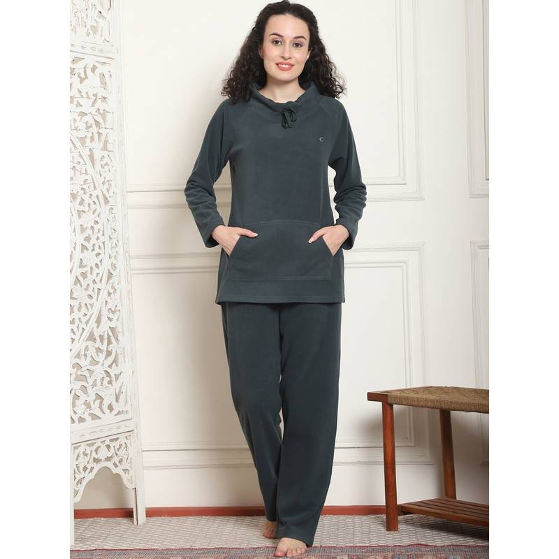 Kanvin Women Winter Solid Green Top with Pajama (Set of 2) (3XL)